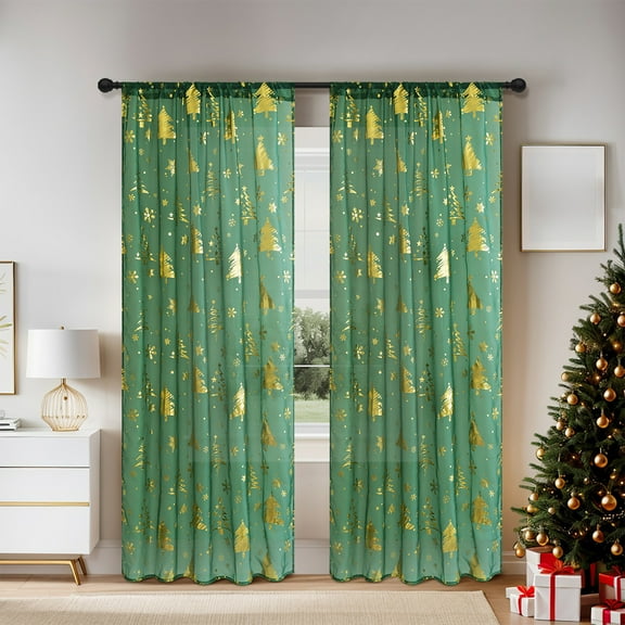 FastXmas Christmas Sheer Curtains, Snowflake Christmas Tree Foil Print Sheer Curtains, Rod Pocket Window Drapes Xmas Decorations for Bedroom Holiday Party 52*108"(1 Panel)
