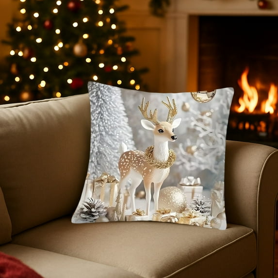 FastXmas Christmas Throw Pillow Covers Decoration,17.7 x 17. 7 In Christmas Santa,Reindeer,Castle Printing Couch Pillow Cases, Linen Pillow Square Cushion Cover Ornament for Sofa, Couch, Bed and Car