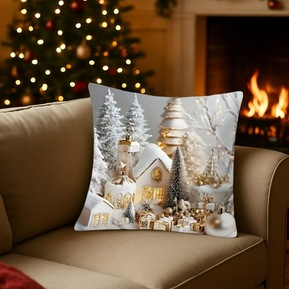FastXmas Christmas Throw Pillow Covers Decoration,17.7 x 17. 7 In Christmas Santa,Reindeer,Castle Printing Couch Pillow Cases, Linen Pillow Square Cushion Cover Ornament for Sofa, Couch, Bed and Car