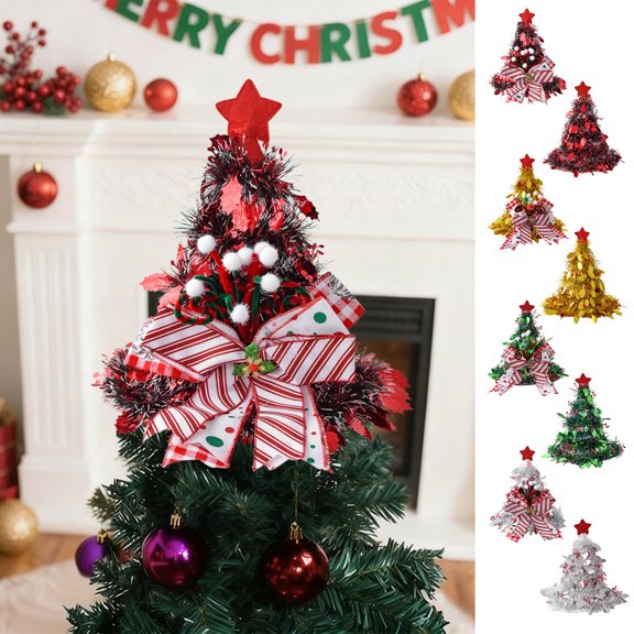 FastXmas Christmas Tinsel and Bow Hat Shape Tree Topper Decoration,Funny Design Christmas Tree Topper Ornament,Multifunctional Xmas Treetop Ornament for Home Garden Party Xmas Tree Decor(13.4x15 In)