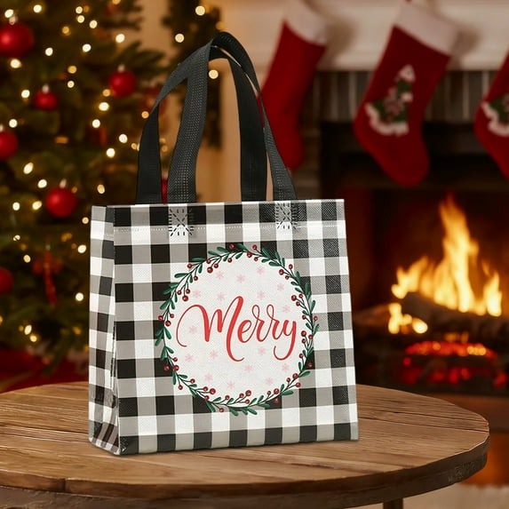 FastXmas Christmas Tote Bags with Handles,7.8 x 7.8 Inch Reusable Gift Bag, Grocery Shopping Bag,Christmas Style Non-Woven Foldable Storage Bags and Waterproof Bag for Christmas,Party,Shopping