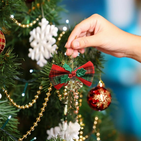 FastXmas Christmas Tree Bow Decoration,1.5*2.36 Inches Xmas Bows Decorations with Bells and Buffalo Plaid Christmas Mini Hanging Bows Ornaments for Door Christmas Tree Wedding Party Holiday Decor