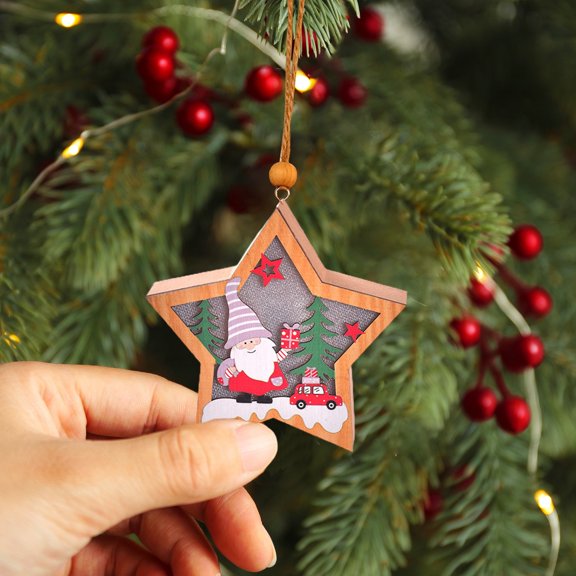FastXmas Christmas Tree Hanging Ornaments, Christmas Decorations, Wooden Star Shaped LED Pendant Light with Santa Claus Pattern, Glowing Xmas Decorative Crafts Party Favor for Wedding HOME