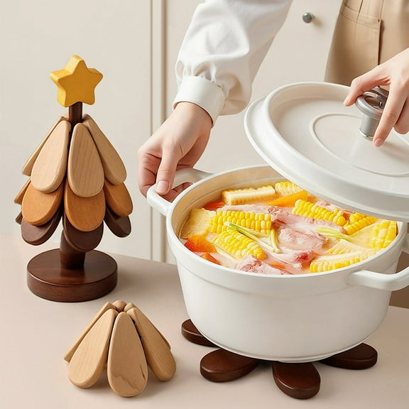 FastXmas Christmas Tree Trivets for Hot Dishes, Trivet Tree Set,Tree Shape Trivet Set,3 Wooden Trivets + 1 Stand,Heat-Resistant Foldable Wooden Trivet Tree for Teapot、Hot Dishes、Bowl、Hot Pot Holder