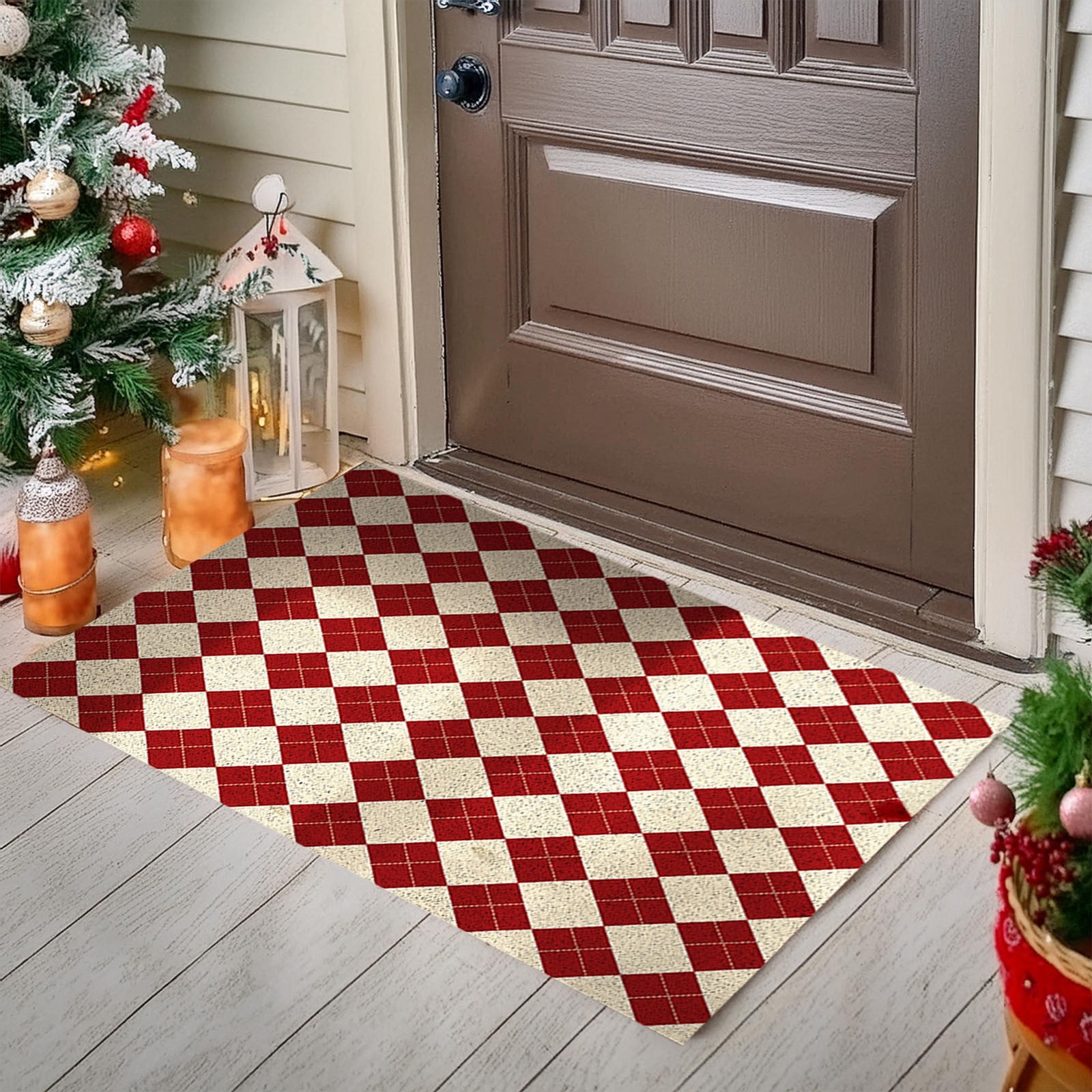 FastXmas Christmas Welcome Doormat, Christmas Decorations 15.7"x23.6" Red & White Checkered Merry Christmas Front Door Mat, Non-Slip Quick Dry Bath Rug Decorative Entrance Carpet for Indoor Outdoor