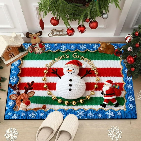 FastXmas Christmas Woven Door Mat Decoration,Santa Pine-Tree Redindeer Pattern Non-Slip Xmas Door Welcome Mat Washable Winter Doormat Rugs for Indoor Outdoor Bathroom Entrance Decor(15.7x23.6 In)