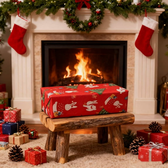 FastXmas Christmas Wrapping Paper - 197 x 19.7 Inch Extra Large Paper with Santa Claus,Rabbit,Pinetree Pattern Xmas Gift Warpping Paper For Christmas Gifts,Snacks,Apples Warpping Paper(Red)