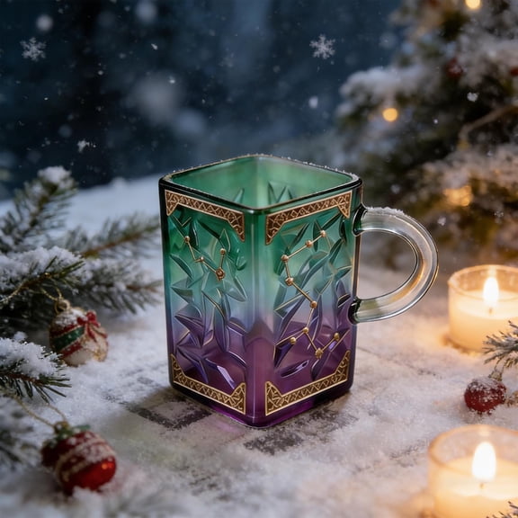FastXmas Constellation Relief Glass Mug, Squaregreen And Purple Gradient Square Mug With Handle And Golden Border Coffee Cup - A Creative Gift With A Space Theme for Lovers(4.7 Inch,300ml)