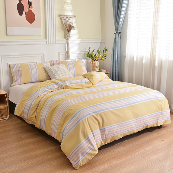 FastXmas Cotton Duvet Cover, Twin Size Yellow Stripes Washed Microfiber Duvet Cover with Tie and Zipper Closure, Cozy Breathable Skin-Friendly Quilt Cover Students Home Bedding for All Season(79"x91")