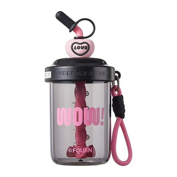 FastXmas Cute Water Bottle, 20oz Large Capacity Water Bottle with Straw and Strap, Leak-Proof BPA-Free Plastic Stirring Cup Portable Iced Coffee Tumbler With Clear Scale for Office School Gym
