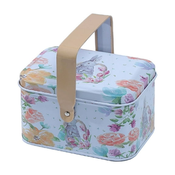 FastXmas Easter Bunny Print Candy Gift Tin Box with Handle for Boys and Girls, Portable Iron Tin Box 4.1"x3"x2.4" with Lid Gift Boxe for Presents,Bridesmaid Gifts Boxes,Cute Box,Birthday Gift box