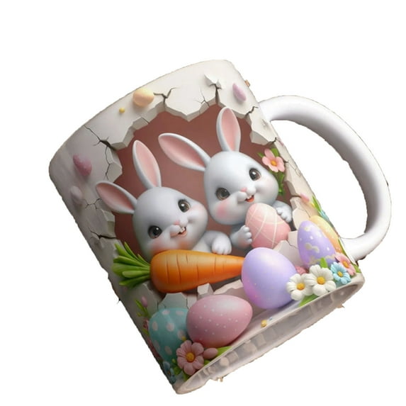 FastXmas Easter Cute Rabbit Broke the Wall Pattern Mug Cup Tea Cup, 350ml Cute Cartoon Bunny Handmade Figurine Mug Cup for Easter Gifts for Office Home School USe(M1)