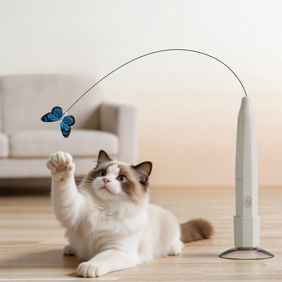 FastXmas Electric Cat Wand Toy, Interactive Cat Toys with Butterfly, Self-Play & Handheld Dual Mode, USB Rechargeable with Strong Suction Base, Smart Motion Activated Enrichment Cat Toy, White