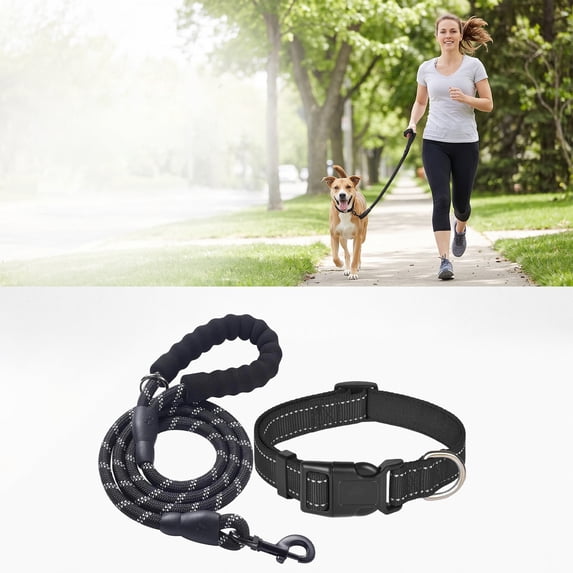 FastXmas Extended Reflective Dog Leash & Collar Set - 59" Long Lead & Adjustable Neck 11"-15.5" for Small Dogs Outdoor Walking,Black