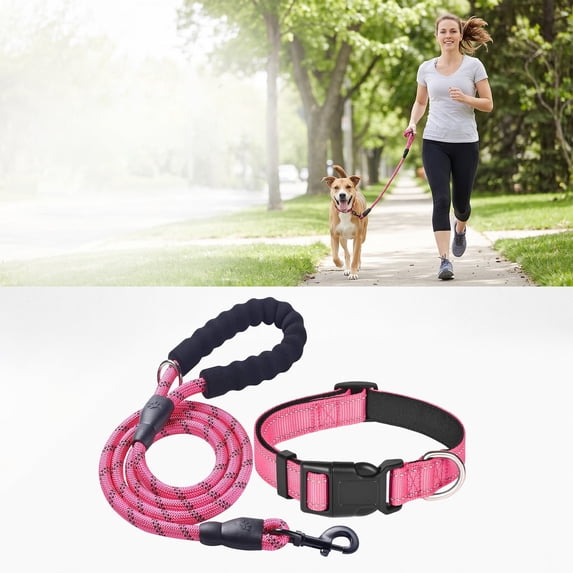 FastXmas Extended Reflective Dog Leash & Collar Set - 59" Long Lead & Adjustable Neck 11"-15.5" for Small Dogs Outdoor Walking,Pink