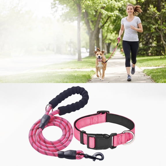 FastXmas Extended Reflective Dog Leash & Collar Set - 59" Long Lead & Adjustable Neck 11"-15.5" for Small Dogs Outdoor Walking,Pink