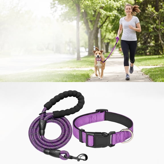 FastXmas Extended Reflective Dog Leash & Collar Set - 59" Long Lead & Adjustable Neck 11"-15.5" for Small Dogs Outdoor Walking,Purple