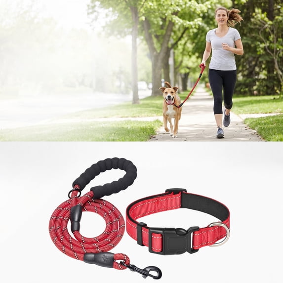 FastXmas Extended Reflective Dog Leash & Collar Set - 59" Long Lead & Adjustable Neck 11"-15.5" for Small Dogs Outdoor Walking,Red