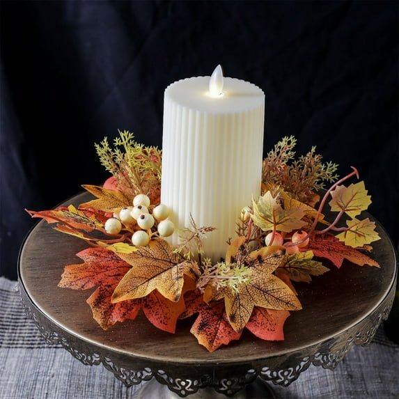 Lksixu Fall Candle Rings Wreath, 9.8" Artificial Maple Leaves Berries Candle Rings, Rustic Style Pillar Candle Holder Decorative Tealight Candle Garland Table Centerpieces Fall Decorations for Home