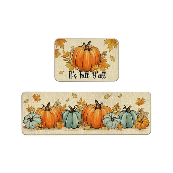 FastXmas Fall Pumpkin Kitchen Rugs Set of 2, Cute Pumpkin Pattern Kitchen Floor Mat, Non-Slip Quick Dry Absorbent Kitchen Carpet Farmhouse Thanksgiving Harvest Decorative Rugs(15.7"x24" & 15.7"x48")