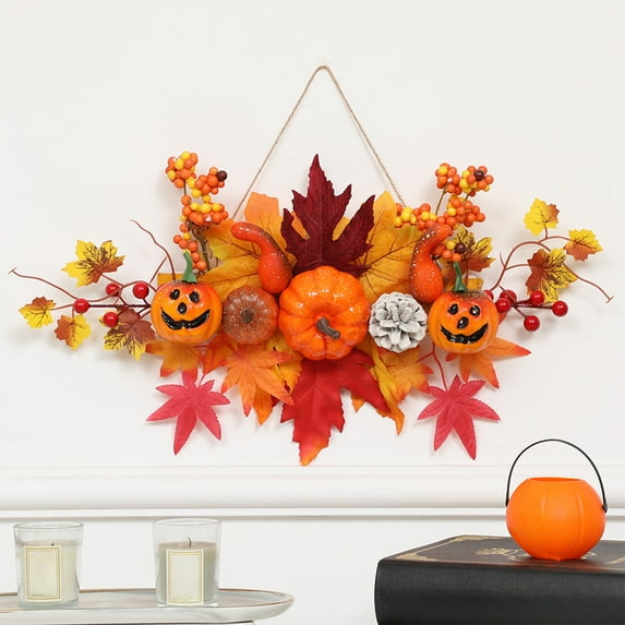 FastXmas Fall Wreaths for Front Door Fall Pumpkin Wreath ThanksGiving Maple Leaves Berries Autumn Front Door Wreath Harvest Wreath Fall Decorations for Home Outdoor Indoor Thanksgiving Halloween