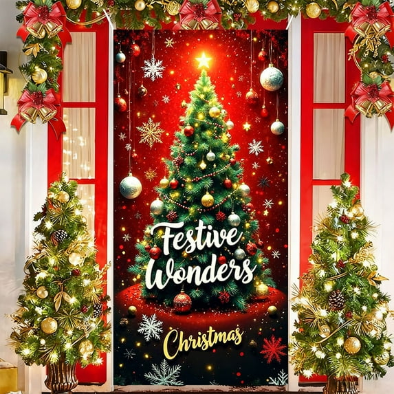 FastXmas Feliz Navidad Christmas Door Cover Ornament Xmas Tree Wreath and Gifts Box Front Door Curtain Christmas Hanging Backdrop Cloth Background Cover for Home Holiday Christmas Party Decoration
