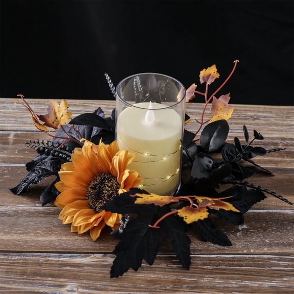 Lksixu Halloween Candle Rings Wreath, 9.8" Artificial Black Maple Leaves Sunflower Candle Rings, Gothic Style Pillar Candle Holder Decorative Candle Garland Table Centerpieces Halloween Decorations