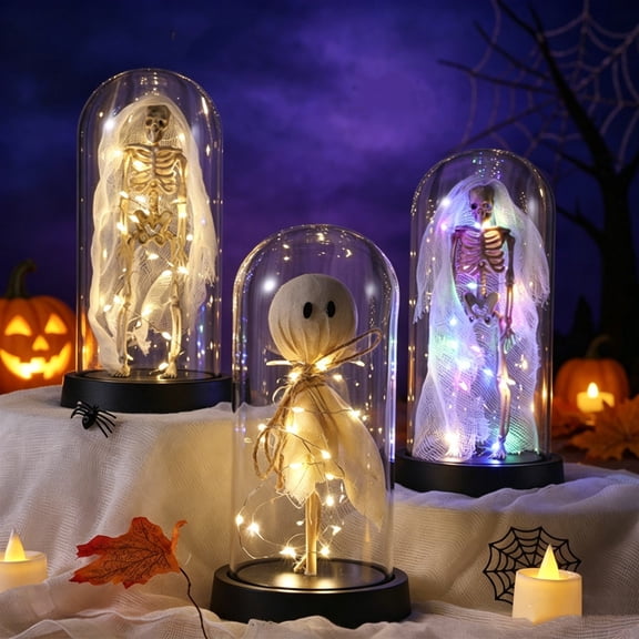 FastXmas Halloween Decorations, Light Up Skeleton in Glass Cloche-Cute Skeleton with Light Ornament for Home Kitchen Mantel Tabletop Halloween Decor(4.3 x 8.6 Inch)