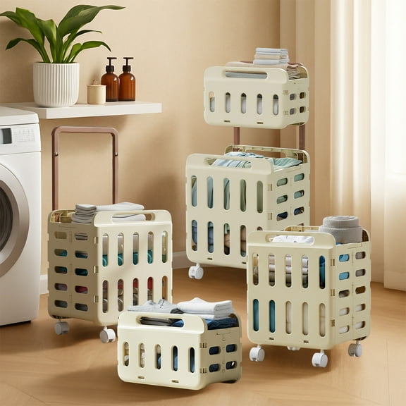 FastXmas Household Large Capacity Roll Wheels Plastic Foldable Laundry Basket Cube Storage Bin Box Organizer Wheels Durable Ventilated Foldable Hamper for Bedroom Dirty Clothes(14.6"x11.8"x9")