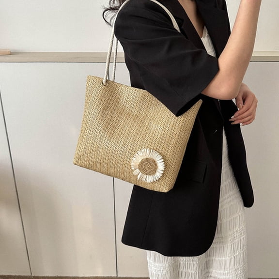 FastXmas Imitation Straw Tote Bag for Women, Woven Raffia Straw Purse, Boho Beach Bag with Handle, Summer Vacation Resort Shoulder Bag(10 x 9 Inch,Khaki)
