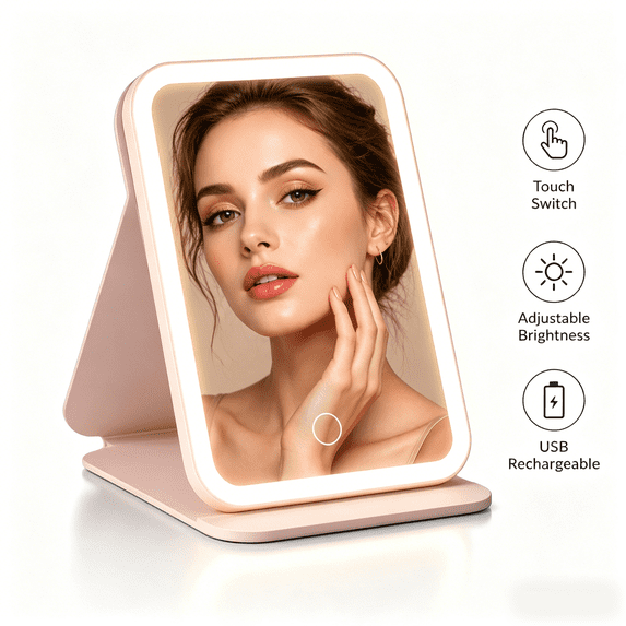 FastXmas LED Makeup Mirror With Light Folding Vanity, Rechargeable Mirror, Portable Makeup Mirror with Light for Indoor Outdoor Travel Work and Dormitory Use