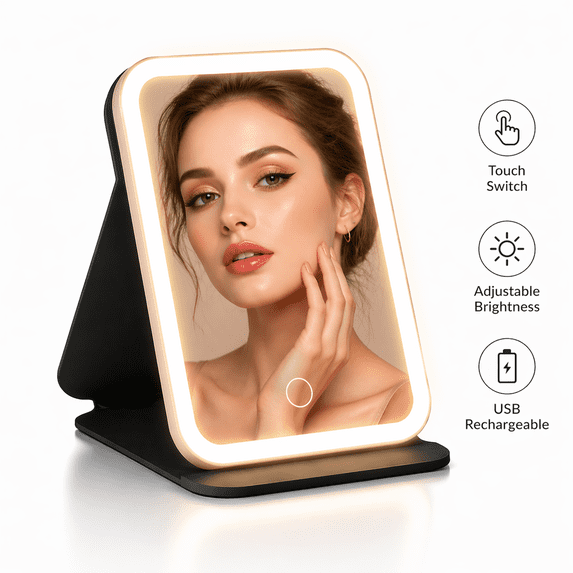 FastXmas LED Makeup Mirror With Light Folding Vanity, Rechargeable Mirror, Portable Makeup Mirror with Light for Indoor Outdoor Travel Work and Dormitory Use