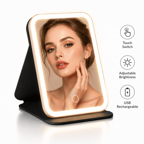 FastXmas LED Makeup Mirror With Light Folding Vanity, Rechargeable Mirror, Portable Makeup Mirror with Light for Indoor Outdoor Travel Work and Dormitory Use