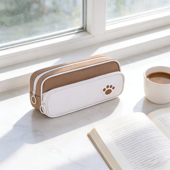 FastXmas Large Capacity Pencil Case 2 Compartments, Pencil Pouch Bag with Zipper Portable Handle Cat Paw Patten Pen Case Bag Stationery Organizer for Office College Classroom(Brown)