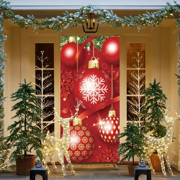 FastXmas Merry Christmas Door Cover Christmas Hanging Banner Cloth Polyester Xmas Door Christmas Door Entryway Backdrop Decorations for House Wall Door Winter Holiday Party Supplies, 35 X 71 Inch