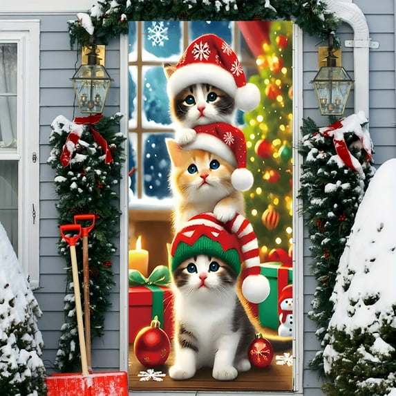 FastXmas Merry Christmas Door Cover Ornaments 2.95*6.56 Ft Christmas Pendant Door Curtain Christmas Wreath Cat and Santa Xmas Door Curtain Christmas Door Decoration for House Wall Door Party Supplies