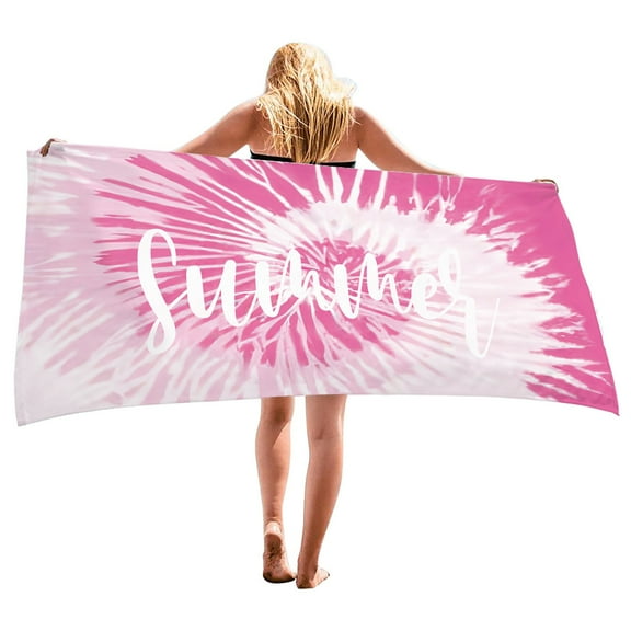 FastXmas Microfiber Beach Towel, White and Pink Tie Dye Summer Letter Print Sand Free Beach Towel, Super Absorbent Quick Dry Beach Blanket Soft Lightweight Bath Towels for Camping Vacation(30"x59")