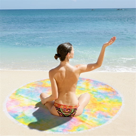 FastXmas Microfiber Round Beach Towel, 61" Colorful Tie Dye Double-Sided Beach Blanket with Tassels, Sand Free Lightweight Circle Bath Towels Quick Dry Water Absorbent Pool Towel Soft Picnic Mat