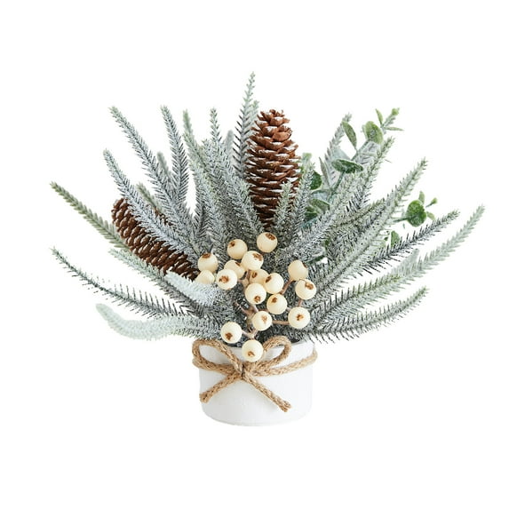 FastXmas Mini Christmas Tree Table Decorations, Artificial Snowy White Trees with Red Berries Pine Cone Greenery Tabletop Centerpiece for Home Office Room Holiday Decorations