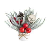 FastXmas Mini Christmas Tree Table Decorations, Artificial Snowy White Trees with Red Berries Pine Cone Greenery Tabletop Centerpiece for Home Office Room Holiday Decorations