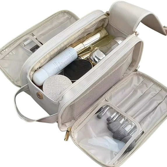 FastXmas Multi Functional Travel Makeup Bag, Women's Large Capacity Cosmetic Portable Organizer Large Opening Waterproof Storage Toiletry Bags Vertical Free-Standing Brush Holder(11.8x6.3x6.1 In)