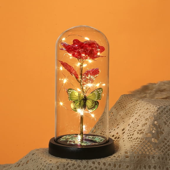 FastXmas Pre-Lit Acrylic Rose in Glass Dome Decoration, Light Up Flower Table Ornament, Eternal Valentine Roses Gifts for He/Her Mothers Day Roses Gift for Mom, Womens Gifts for Birthday(4.3x8.6 In)