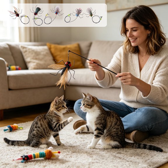 FastXmas Realistic Insect Refills for Cat Teaser Wands - Interactive Crawler Toys, Natural Colorful Fly Realistic Flying Bugs(with 11" Rope) Excluding Rod(1.2 Inch)