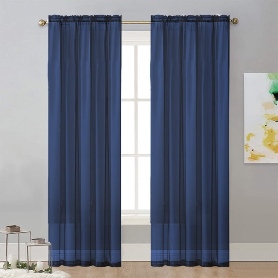FastXmas Sheer Curtains 63 Inches Long, Light Filtering Solid Color Window Translucent Curtain Panels, Elegant Rod Pocket Curtains Drapes for Living Room Bedroom, 2 Panels, 52" W x 63" L,Navy