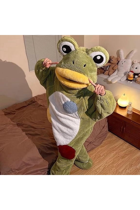 Silly Onesie Funny Green Frog Hooded Fleece Pajamas with Hat, Soft Plush One-Piece Loungewear Adult Pajamas Homewear For Movie Nights Sleeping or Home Clothes(XL)