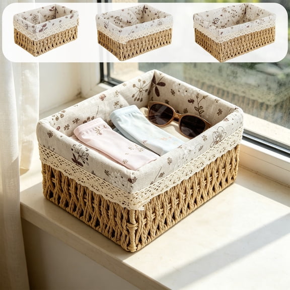 FastXmas Storage Baskets with Liner, Rectangular Natural Paper Rope Woven Shelf Baskets for Organizing, Storage Bins Organizers for Living Room Bedroom Bathroom Tabletops(6.3*8.6*4.3 In)