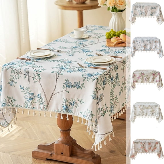 FastXmas Tassel Floral And Birds Print Tablecloth, Rustic Farmhouse Flowers Embroidery Table Cloths for Rectangle Tables, Heavy Weight Spill-Proof Table Covers, Coffee Florals, 59 x 39 Inch