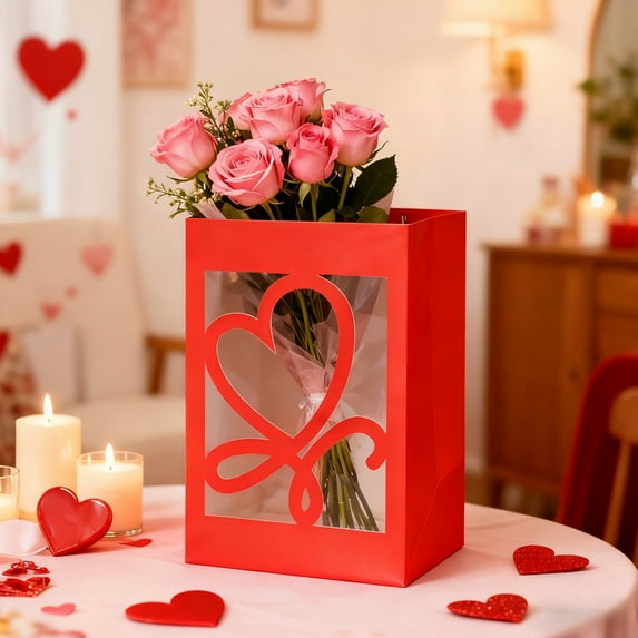 FastXmas Valentine Mother's Day Clear Gift Bags with Transparent Window Gift Boxes Candy Boxes Tote Paper Bags, Flower Boxes Bouquet Bags for Bridal Shower Present Festivals Party(5.1x7.1x9.8 Inch)