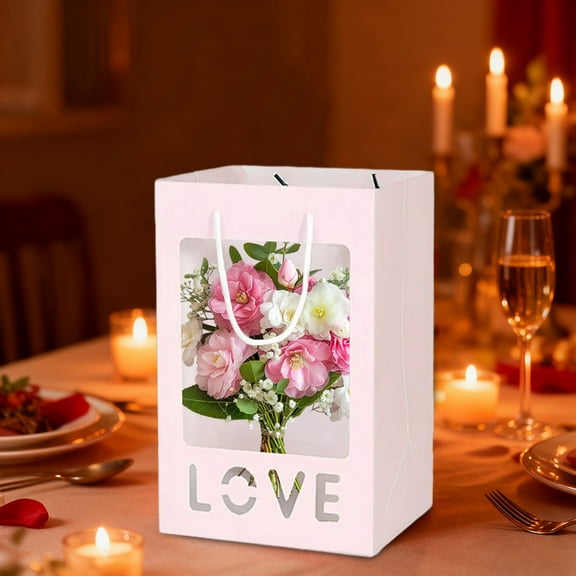 FastXmas Valentine Mother's Day Clear Gift Bags with Transparent Window Gift Boxes Candy Boxes Tote Paper Bags, Flower Boxes Bouquet Bags for Bridal Shower Present Festivals Party(5.1x7.1x9.8 Inch)