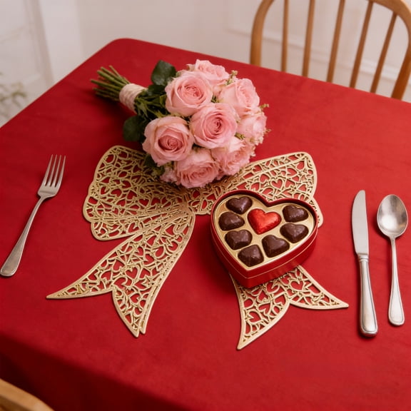 FastXmas Valentine's Day Placemats and Coaster Red Heart Place Mats Love Coaster Metallic PVC Washable Valentines Day Table Decoration Valentine's Table Mats for Wedding Anniversary Party(15*12.6 In)